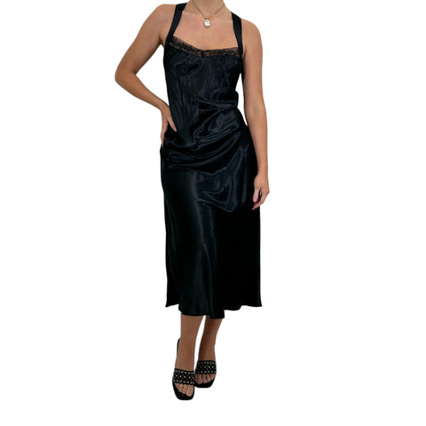Y2k Vintage Black Floral Embroidered V-Neck Mini Slip Dress [L]