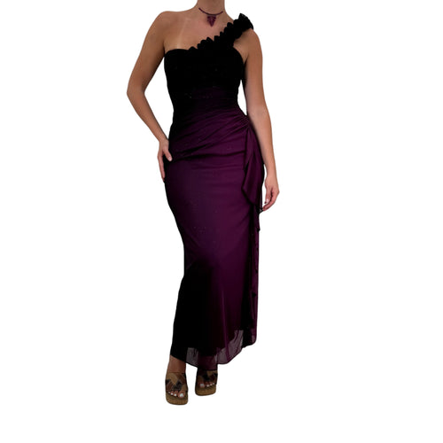 Y2k Vintage Purple + Black Glitter One Shoulder Maxi Dress [S]