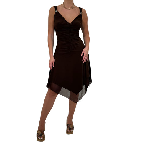 Y2k Vintage Brown Ruched Asymmetrical Hem Dress [S]