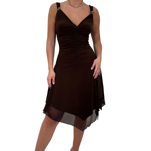 Y2k Vintage Brown Ruched Asymmetrical Hem Dress [S]