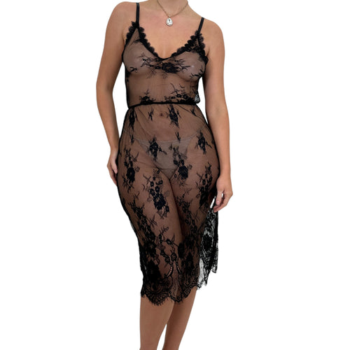 Y2k Vintage Black Floral Lace Sheer Slip Dress [M]