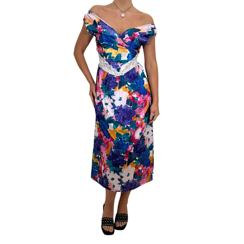 90s Vintage Multicolor Floral Off Shoulder Maxi Slip Dress [M]