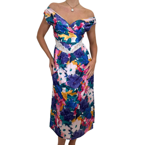 90s Vintage Multicolor Floral Off Shoulder Maxi Slip Dress [M]