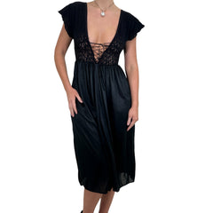 90s Vintage Black Floral Lace Trim Lace Up Slip Dress [M]