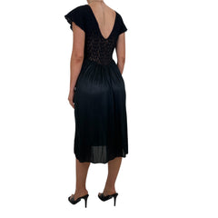 90s Vintage Black Floral Lace Trim Lace Up Slip Dress [M]