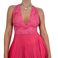 Y2k Vintage Pink Floral Lace Pleated Slip Dress [S]