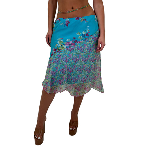 Y2k Vintage Teal Floral A-Line Flowy Midi Skirt [L]