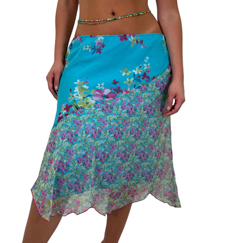 Y2k Vintage Teal Floral A-Line Flowy Midi Skirt [L]