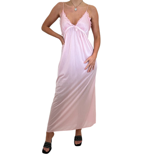 90s Vintage Pink V-Neck Maxi Slip Dress [L]