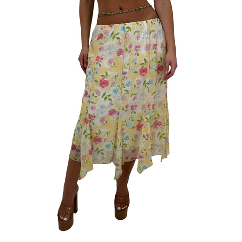 Y2k Vintage Yellow Floral Midi Skirt [L]