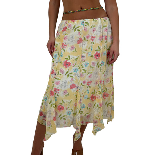 Y2k Vintage Yellow Floral Midi Skirt [L]