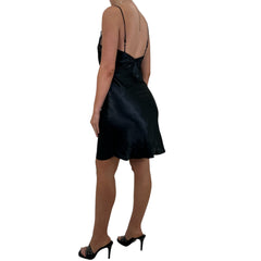 90s Vintage Black Satin Floral Lace Trim Slip Dress [M]