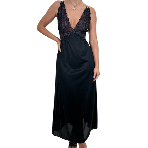 90s Vintage Black Floral Lace Trim Slip Maxi Dress [S, M]