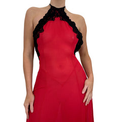 Y2k Vintage Black + Red Lace Sheer Halter Slip Maxi Dress [M]