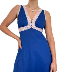 90s Vintage Blue + White V-Neck Slip Maxi Dress [M]