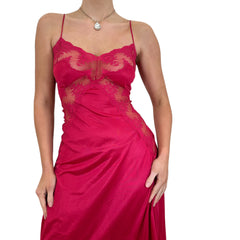 90s Vintage Red Floral Lace Trim Slip Maxi Dress [M]