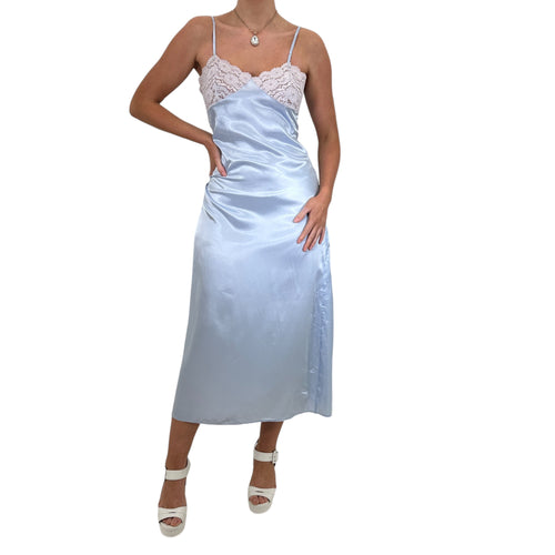 90s Vintage Blue Satin Floral Lace Slip Maxi Dress [M]