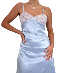 90s Vintage Blue Satin Floral Lace Slip Maxi Dress [M]