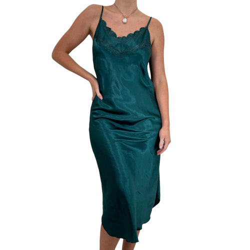 90s Vintage Green Satin Slip Midi Dress [M]