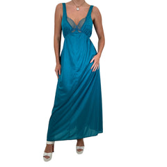 90s Vintage Teal Blue Butterfly Slip Maxi Dress [XL]
