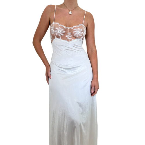 90s Vintage White Floral Lace Slip Maxi Dress [L]
