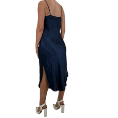90s Vintage Navy Blue Satin Slip Maxi Dress [M]