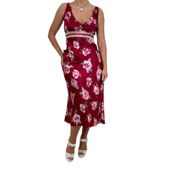 90s Vintage Red Floral Satin Slip Maxi Dress [L]