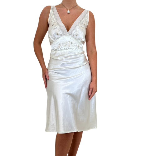 Y2k Vintage White Floral Satin Slip Midi Dress [XL]