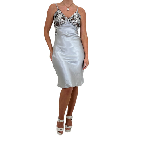 Y2k Vintage Silver + Black Floral Satin Slip Midi Dress [S]