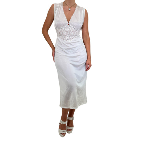 90s Vintage White V-Neck Slip Midi Dress [L]