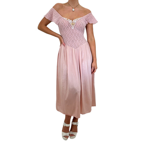 90s Vintage Pink Floral Lace Off Shoulder Slip Maxi Dress [M]