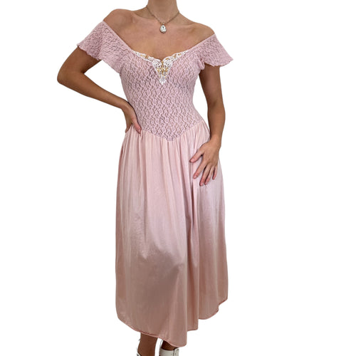 90s Vintage Pink Floral Lace Off Shoulder Slip Maxi Dress [M]