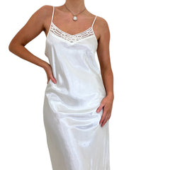 90s Vintage White Satin V-Neck Slip Maxi Dress [M]