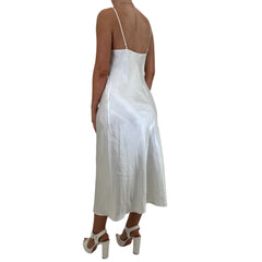 90s Vintage White Satin V-Neck Slip Maxi Dress [M]