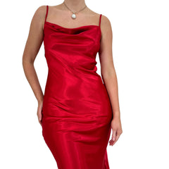 Y2k Vintage Red Satin Cowl Neck Slip Midi Dress [S]