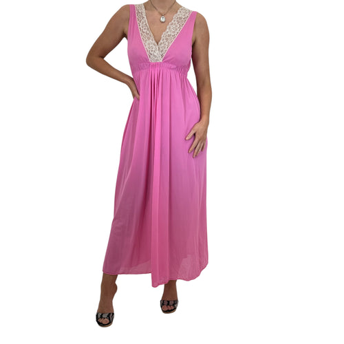 90s Vintage Pink + Beige Floral Lace Trim Slip Maxi Dress [M]