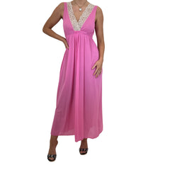 90s Vintage Pink + Beige Floral Lace Trim Slip Maxi Dress [M]