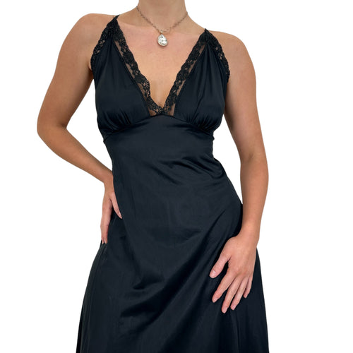 90s Vintage Black Floral Lace Trim Slip Maxi Dress [M]