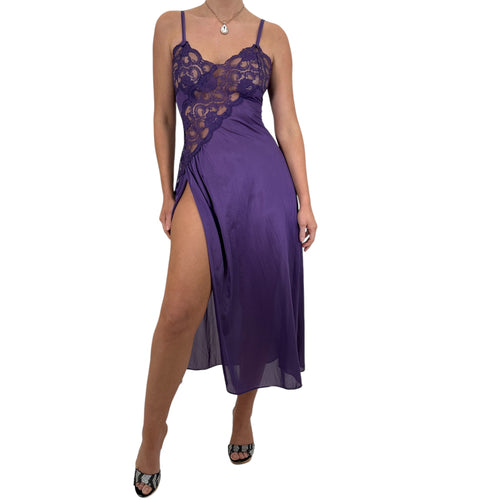 90s Vintage Purple Floral Lace Slip Maxi Dress [M]