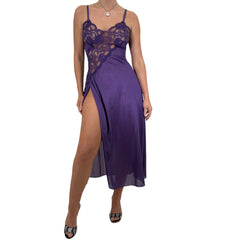 90s Vintage Purple Floral Lace Slip Maxi Dress [M]
