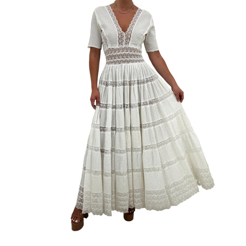 70s Vintage White Lace Panel Boho Maxi Dress [M]