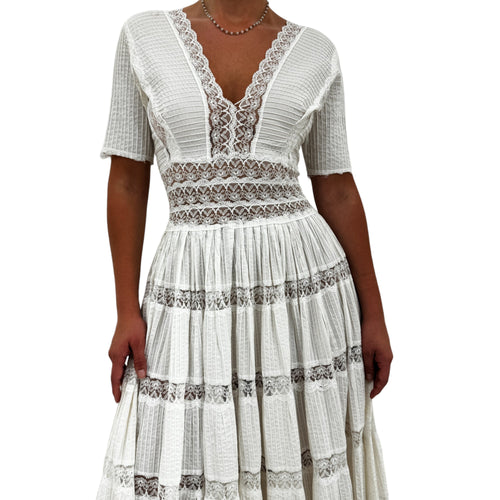 70s Vintage White Lace Panel Boho Maxi Dress [M]