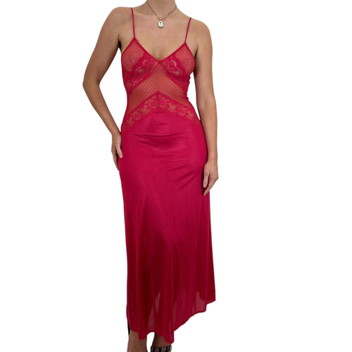 90s Vintage Red Lace Floral Slip Maxi Dress [S]