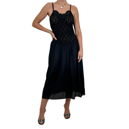 90s Vintage Black Floral Lace Slip Maxi Dress [M]