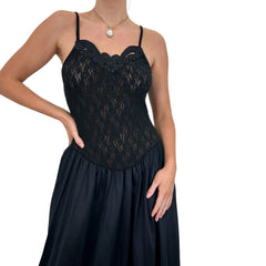 90s Vintage Black Floral Lace Slip Maxi Dress [M]
