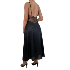 90s Vintage Black Sheer Lace Floral Slip Maxi Dress [L]