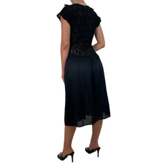 90s Vintage Black Short Sleeve Lace Slip Midi Dress [M]