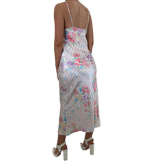 90s Vintage Pink Floral Stripes Multicolor Slip Maxi Dress [S, M]