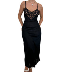 90s Vintage Black Floral Lace Slip Maxi Dress [S]