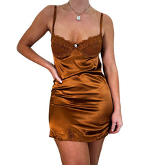 90s Vintage Brown Satin Mini Slip Dress [L]